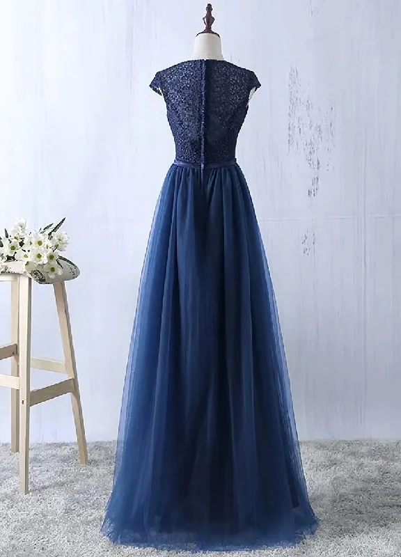 Navy Blue Tulle Long Bridesmaid Dresses, Navy Blue Bridesmaid Dresses Sequin Tulle Dress