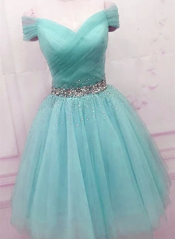 Off Shoulder Blue Tulle Prom Dresses, Cute Blue Homecoming Dresses Black Tulle Dress