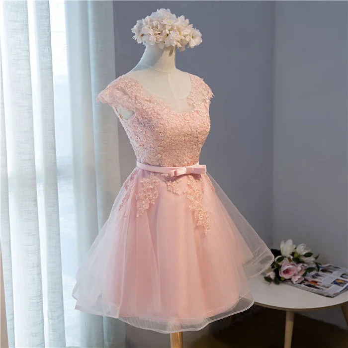 Pink Lovely Cap Sleeves Knee Length Formal Dress, Pink Tulle Prom Dress Tulle Dress Fit