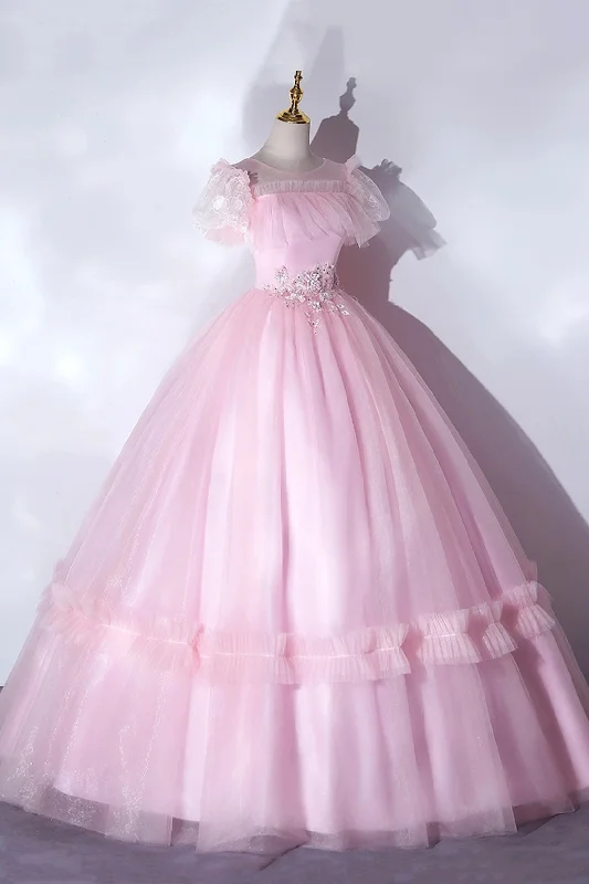 Pink Tulle Lace Long Prom Dress, Lovely A-Line Short Sleeve Evening Dress Tulle Dress Perfect