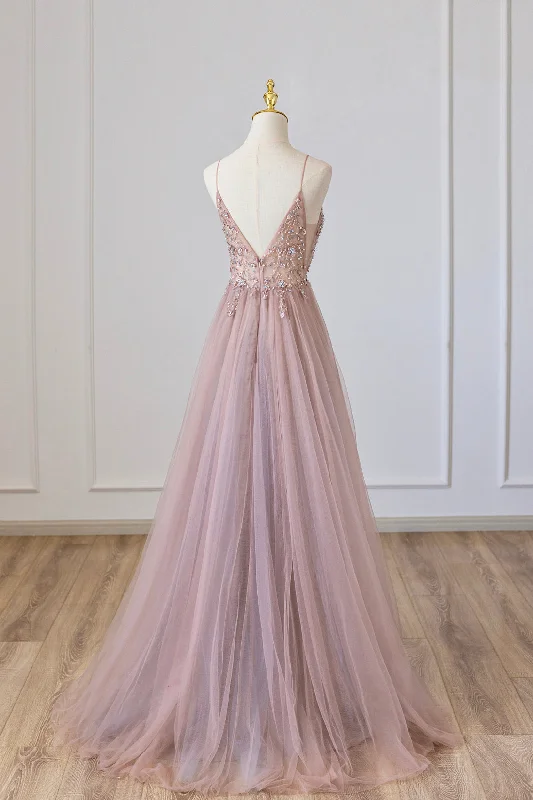 Pink Tulle Long A-Line Prom Dress, Pink Spaghetti Formal Dress with Beaded Stylish Tulle Dress