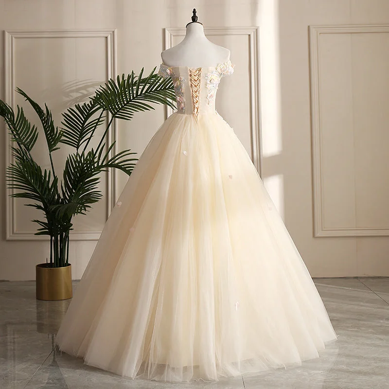 Pretty Tulle Champagne Off Shoulder  Prom Dress, Flowers Lace Formal Dress Stylish Tulle Dress