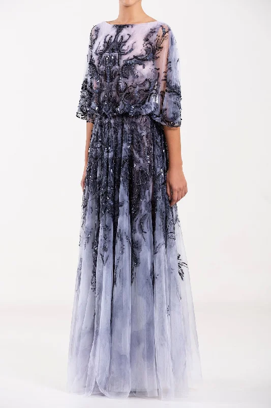 Printed tulle dress featuring flared sleeves Sexy Tulle Dress