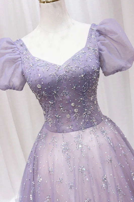 Purple Tulle Beaded Long Formal Dress, Cute A-Line Evening Dress Tulle Lace Dress