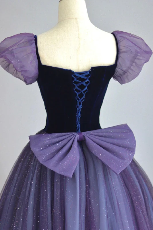 Purple Tulle Long Prom Dress with Velvet, Cute A-Line Short Sleeve Evening Dress Tulle Bodycon Dress