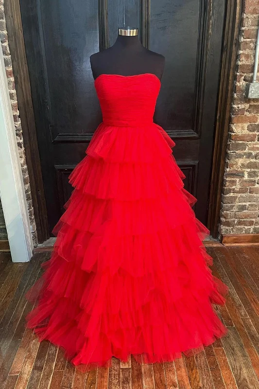 Red Strapless Tulle Layers Long Prom Dress, A-line Sweetheart Red Evening Dress Sparkling Tulle Dress