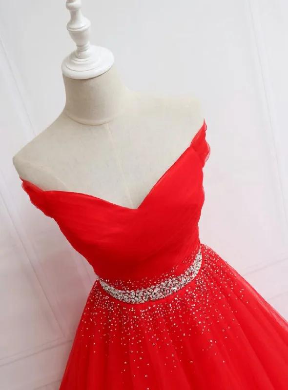 Red Tulle Off Shoulder Long Formal Gown , Red Sweet 16 Dresses Tulle Party Dress