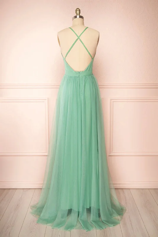 Sage Green V-Neck Tulle Long Prom Dress, Simple Backless Evening Dress Tulle Dress Simple