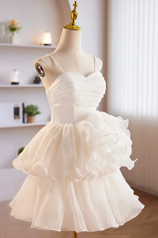 White Spaghetti Strap Tulle Short Prom Dress, White A-Line Homecoming Dress Tulle Evening Gown