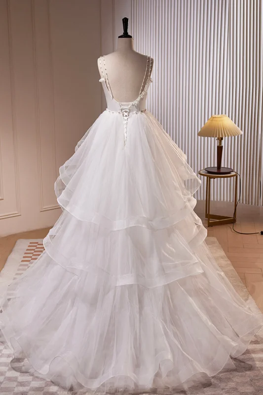 White V-Neck Tulle Long Prom Dress, A-Line Evening Dress with Train Chic Tulle Dress