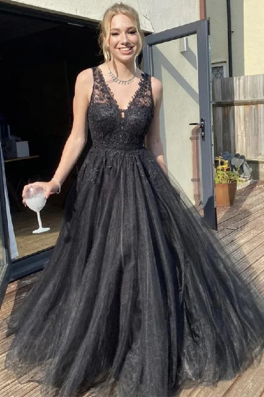 A Line V Neck Black Lace Long Prom Dresses, Black Lace Formal Dresses GJS137 Lace Dress Glam