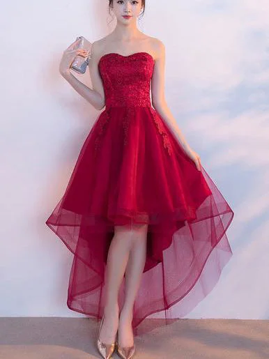 Beautiful Prom Dresses Asymmetrical Sweetheart Lace Burgundy Prom Dress/Evening Dress JKS211 Lace Shift Dress