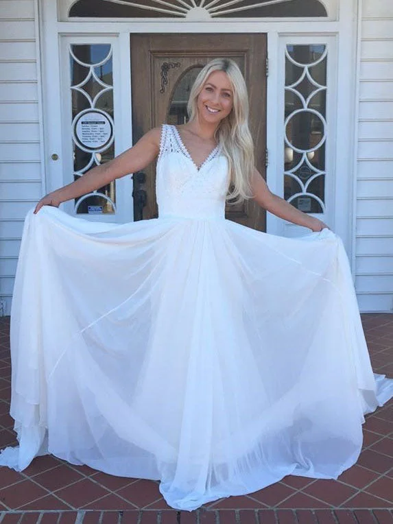 Beautiful Prom Dresses with Straps V-neck A Line Chiffon Long Simple Lace Prom Dress JKL1573