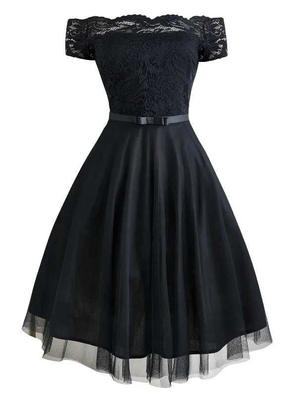 Black 1950s Belted Off Shoulder Lace Dress Lace Dress Dreamy