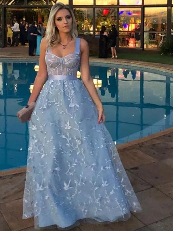 Blue A Line Lace Prom Dress Long with Straps Elegant Prom /Evening Dress Floor Length YSF2904 Lace Cocktail Gown