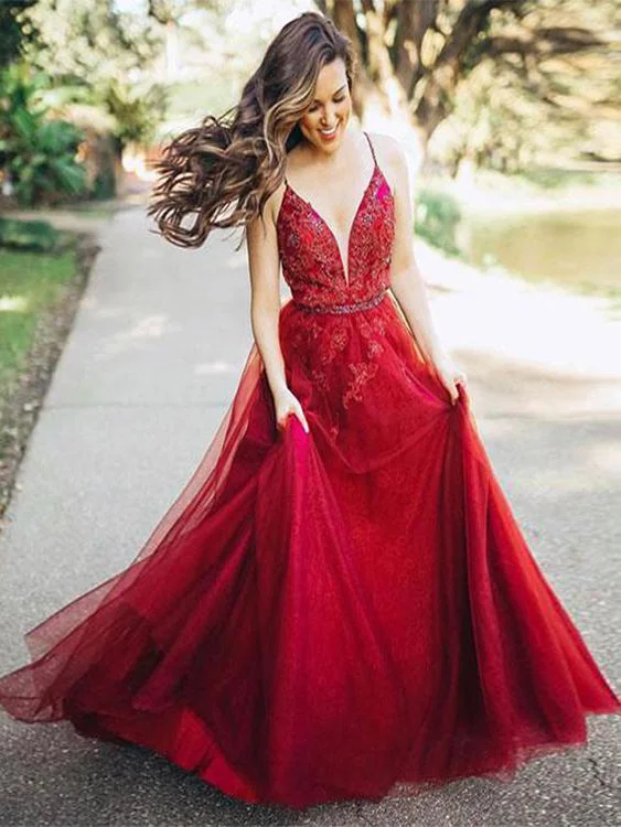 Burgundy Prom Dresses with Spaghetti Straps Long Simple Sexy Open Back Lace Prom Dress JKL1613 Floral Lace Dress