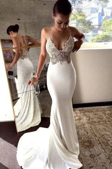 Charming Lace Sexy Backless Mermaid White  Prom Evening Dresses GJS135 Lace Dress Design