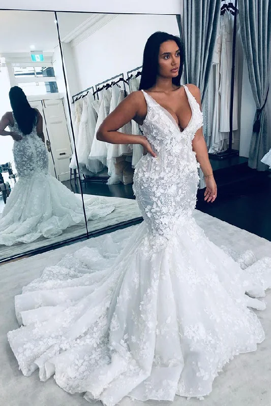 Charming V Neck Sleeveless Mermaid Wedding Gown Floral Lace Bridal Gown Lace Dress Lace