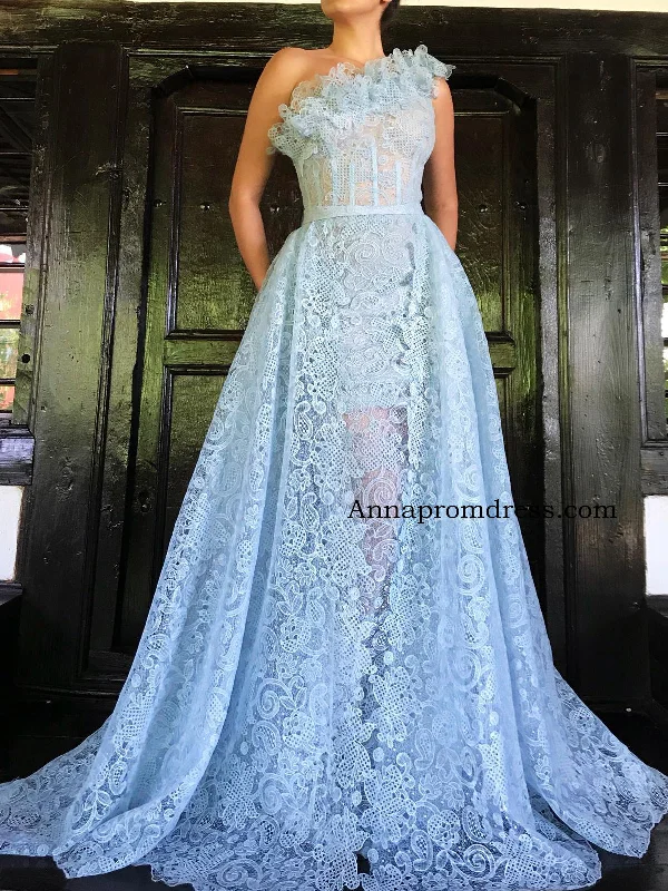 Chic One Shoulder Blue Prom Dresses A Line Exquisite Lace Prom/Evening Gowns Long YSD338 Romantic Lace Dress