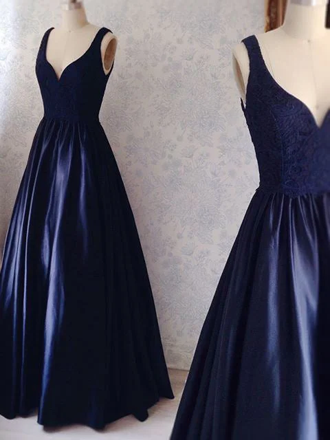 Dark Navy Prom Dresses V-neck Floor-length Sexy Lace Prom Dress/Evening Dress JKL251 Long Sleeve Lace Dress