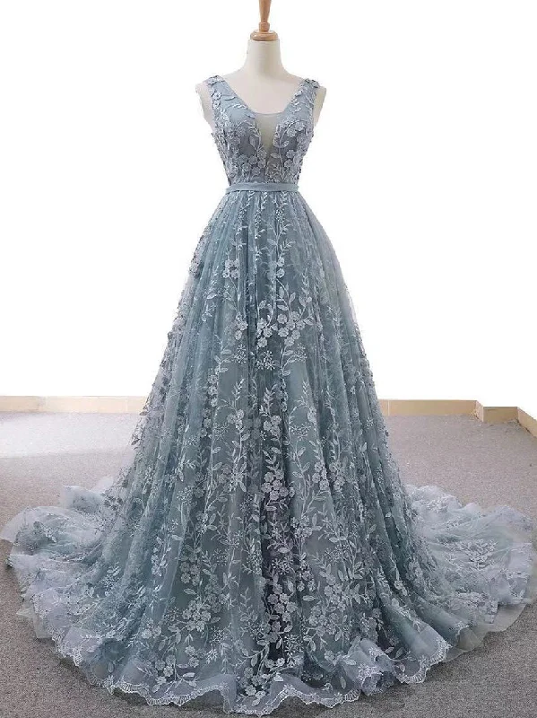 Fashion Prom Dresses with Straps A Line Long Dusty Blue Prom Dress Lace Evening Dress JKL1634 Lace Bridesmaid Gown