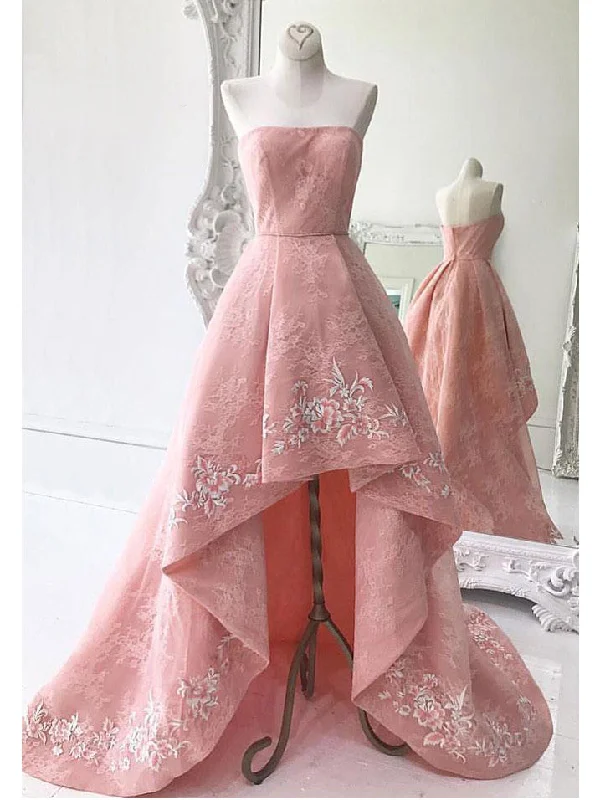 High-Low Prom Dresses Pearl Pink Strapless Asymmetrical Lace Long Prom Dress/Evening Dress JKL267 Lace Bridesmaid Dress