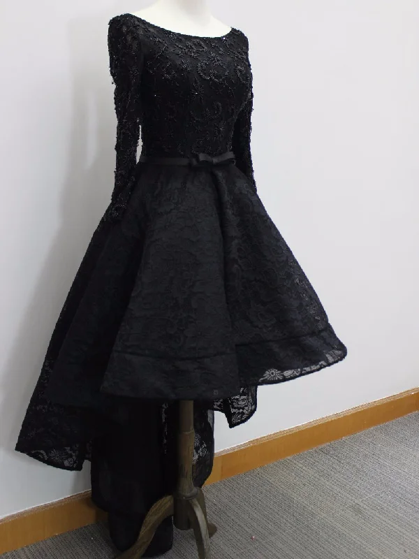 High Low Prom Dresses Scoop Lace Beading Long Sleeves Sexy Black Prom Dress/Evening Dress JKS220 Lace Dress Fashion