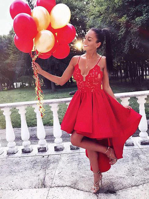 High Low Prom Dresses Spaghetti Straps Lace Long Sexy Red Prom Dress/Evening Dress JKS218 Simple Lace Dress