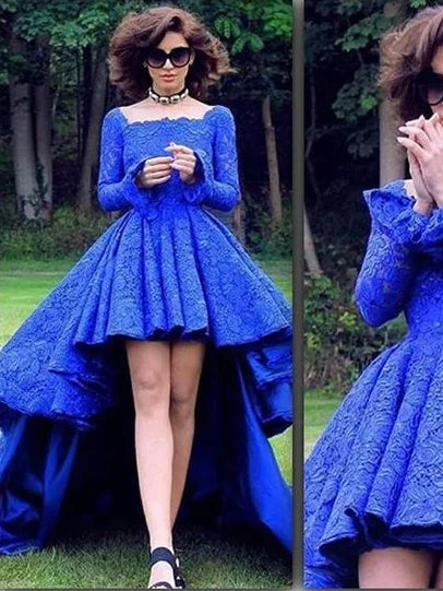 High Low Prom Dresses Square Long Sleeve Royal Blue Lace Prom Dress/Evening Dress JKL426 Satin Lace Dress