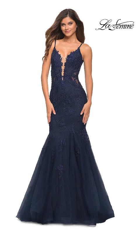 La Femme Embroidered-Lace Long Mermaid Prom Dress Lace Dress Sleek