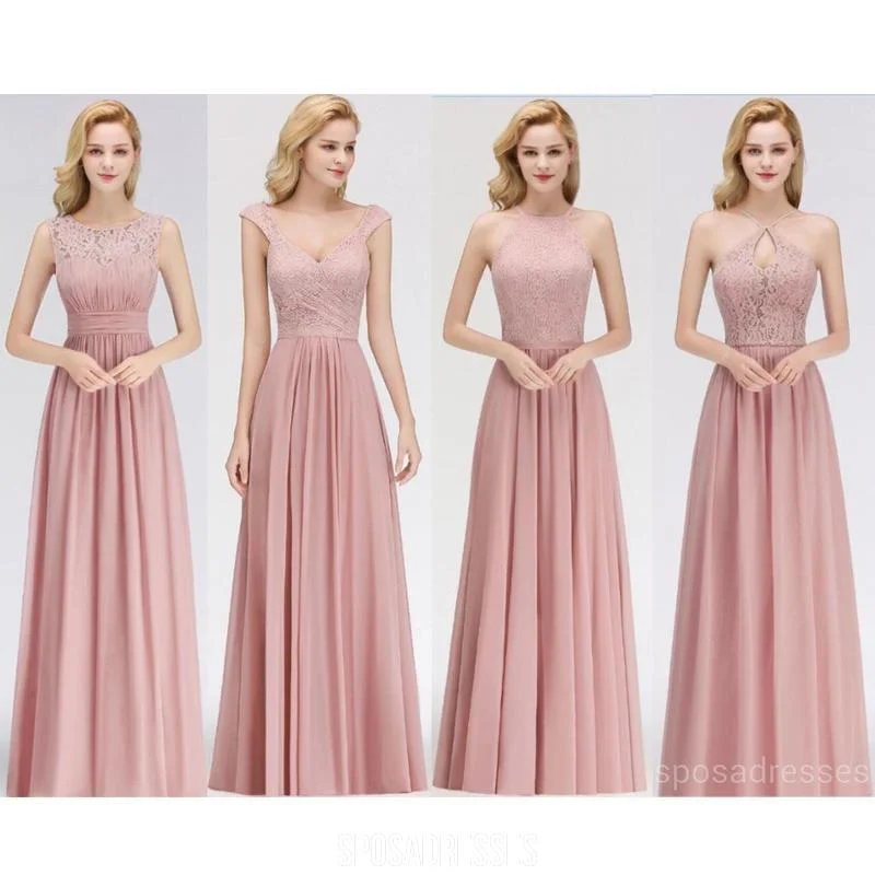 Lace Blush Pink Floor Length Mismatched Chiffon Bridesmaid Dresses Online, WG543 Elegant Lace Dress