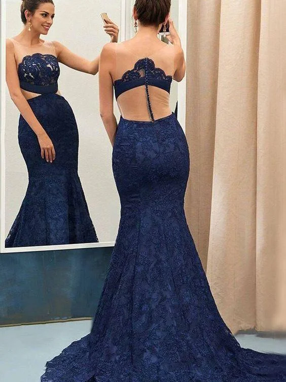 Lace Prom Dresses Mermaid Trumpet Dark Navy Long Beautiful Cheap Prom Dress JKL1592 Off-shoulder Lace Dress