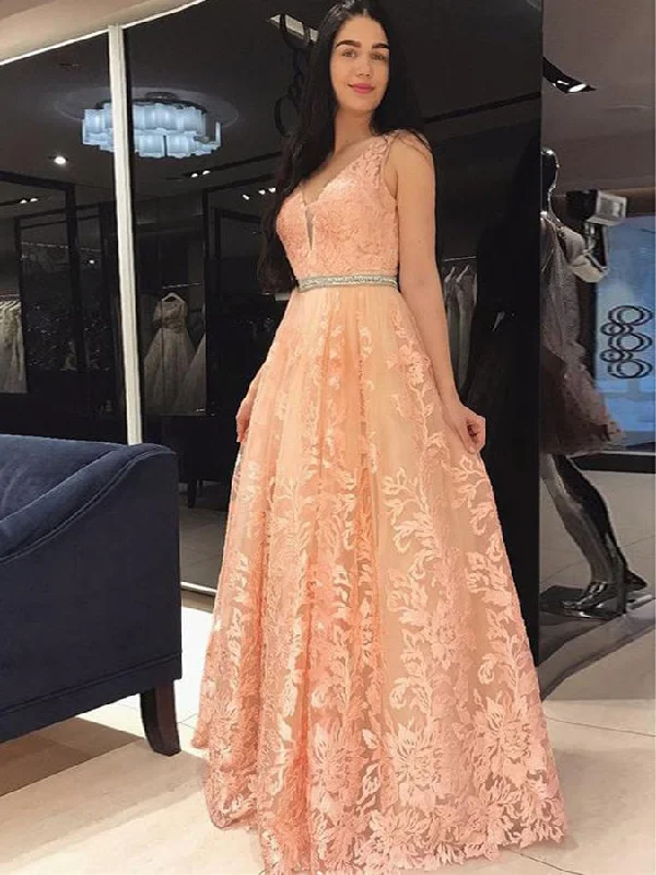 Lace Prom Dresses with Straps Floor-length Coral A-line Chic Long Prom Dress JKL1695 Lace Dress Look