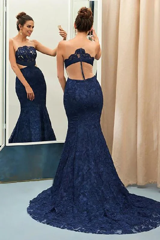 Mermaid Crew Sweep Train Navy Blue Lace Sleeveless Prom Dress with Appliques LR210 Lace Dress Day