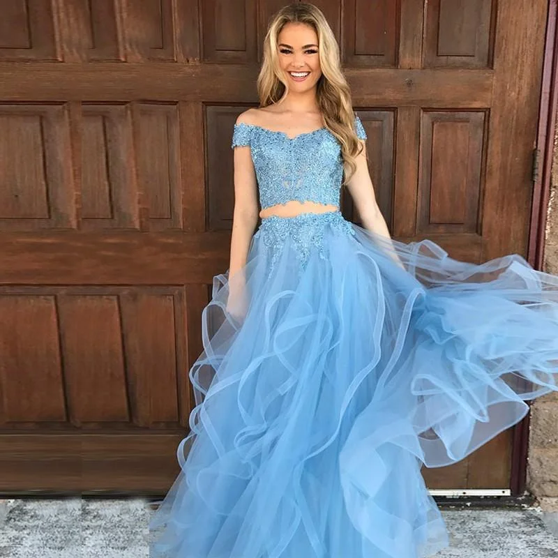 Off-the-Shoulder Blue Lace Top Two Piece Prom Dress,JKZ7118 Lace Dress Party