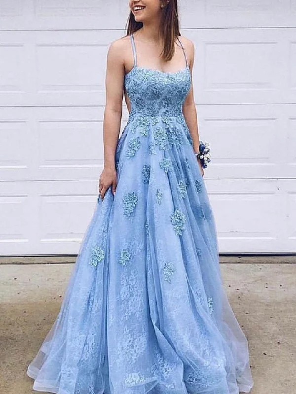 Open Back Prom Dresses with Spaghetti Straps Aline Sky Blue Long Lace Prom Dress JKL1680 Lace Dress Sparkle