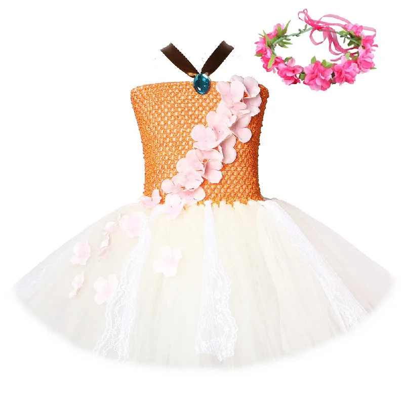 Orange Beige Princess Dresses for Baby Girls Dress Up Costume for Kids Halloween Tutus with Lace Flower Crown Girl Birthday Gift Lace Dress Flare