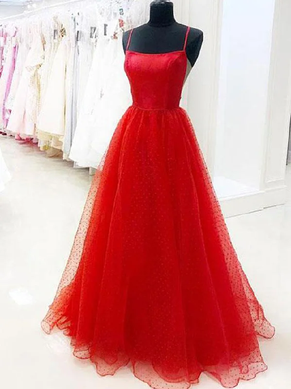 Red Prom Dresses with Straps A-line Polka Dot Lace Sexy Beautiful Prom Dress JKL1537