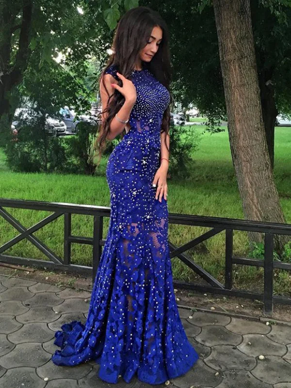 Royal Blue Lace Beadings Prom Dress Mermaid Sexy Backless Long Prom/Evening Dress YSF698 Lace Dress Vibe