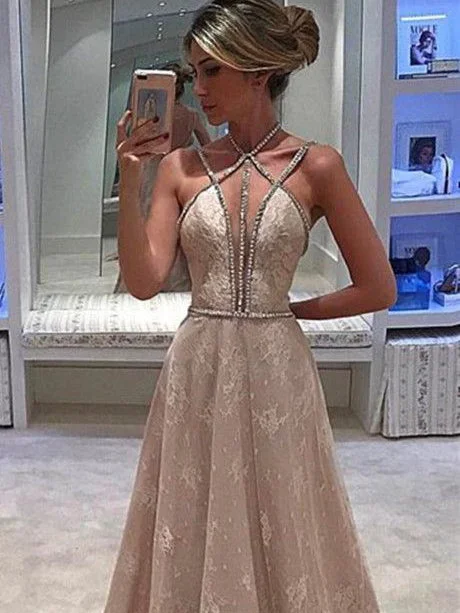 Sexy Prom Dresses Spaghetti Straps Lace A-line Halter Long Prom Dress/Evening Dress JKL341 Lace Dress Bohemian