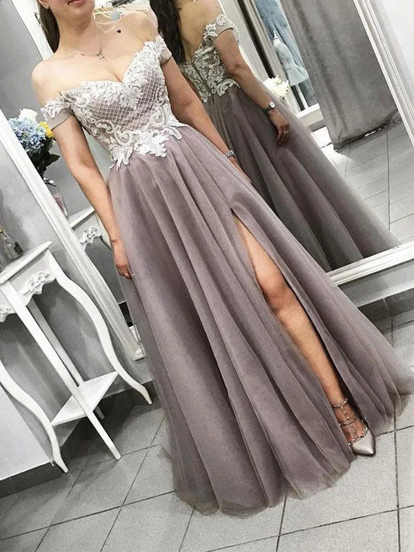 Slit Prom Dresses A-line Off-the-shoulder Long Chic Sexy Lace Prom Dress JKL1714 Elegant Lace Gown