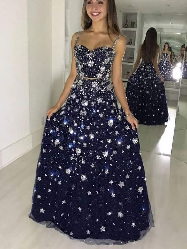 Sparkly Prom Dresses with Straps A Line Dark Navy Star Lace Long Prom Dress JKL1681 Lace Fit-and-Flare