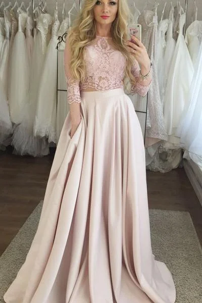 Two Piece Crew 3/4 Sleeves Floor-Length Pink Prom Dress with Lace Pockets LPD80 Lace Dress Elegance