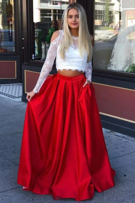 Two Piece Crew Long Sleeves Cold Shoulder Red Long Prom Dress with Lace Pockets LPD93 Light Lace Dress