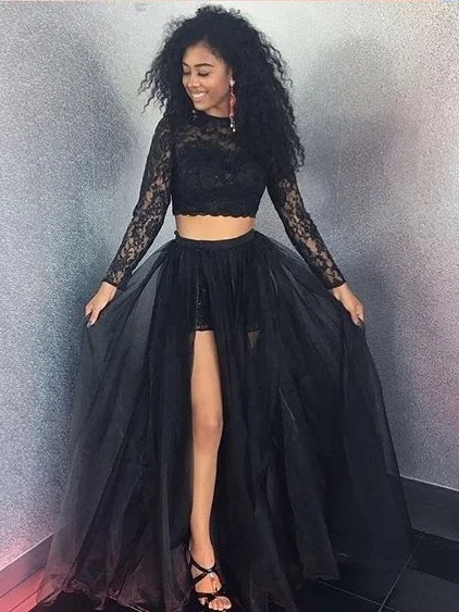 Two Piece Prom Dresses with Slit A-line Long Cheap Black Lace Long Sleeve Prom Dress JKL1685 Lace Dress Shine