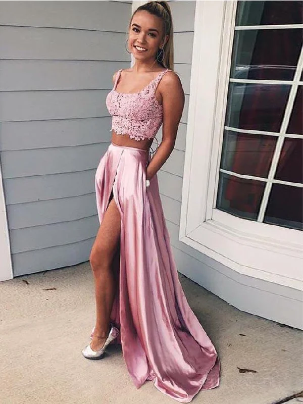 Two Piece Prom Dresses with Straps Aline Open Back Deep Slit Long Pink Lace Prom Dress JKL1637 Lace Mini Dress