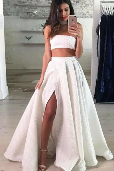 Two Piece Strapless Floor-Length White Lace Prom Dress with Split LPA34 Soft Lace Dress