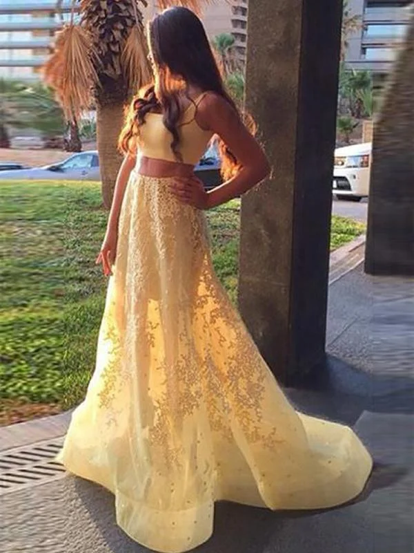 Yellow Lace Appliques Two Piece Prom Dress A Line Sweet Long Prom Dress Brush/Sweep Train YSF2902 Lace Dress Chic