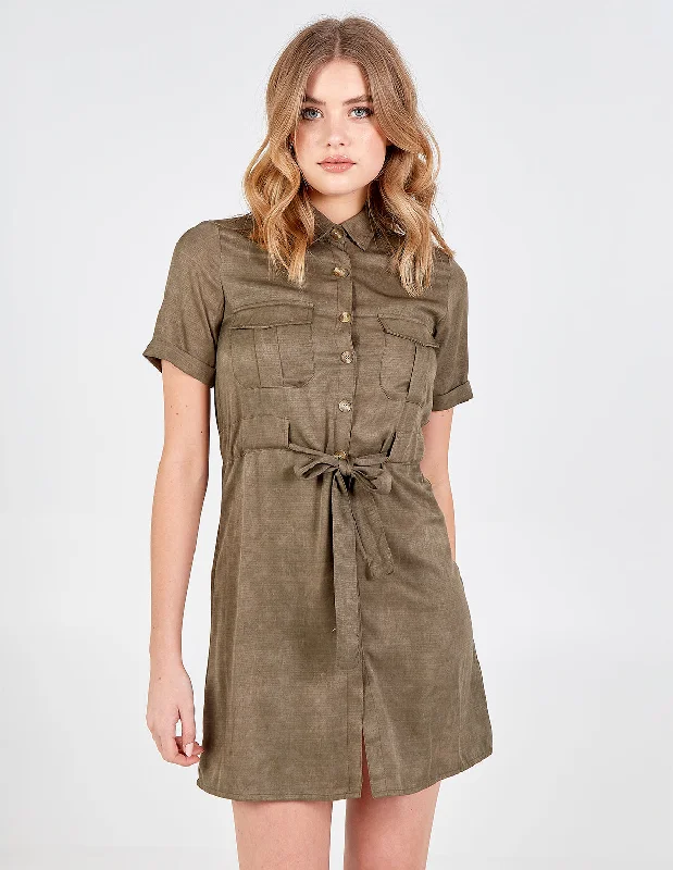 Button Front Tie Waist Shirt Dress Stylish Shirt Dress