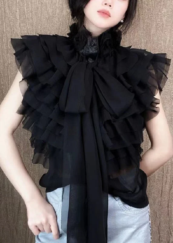 Fashion Black Layered Ruffled Stand Collar Bow Shirts Summer ZL071 Elegant Shirt Dress